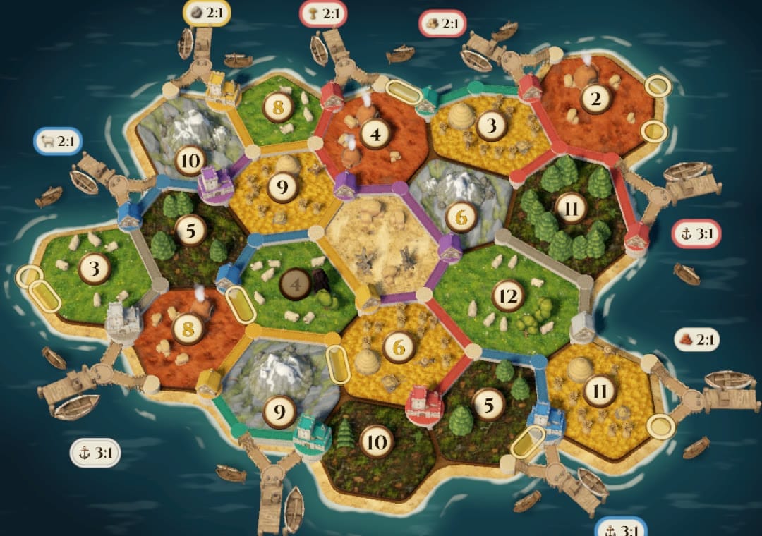 A hand-painted island board in Tiland: hex tiles of forest, hills, pasture and mountains, with harbours around the coast and a number token on every tile.